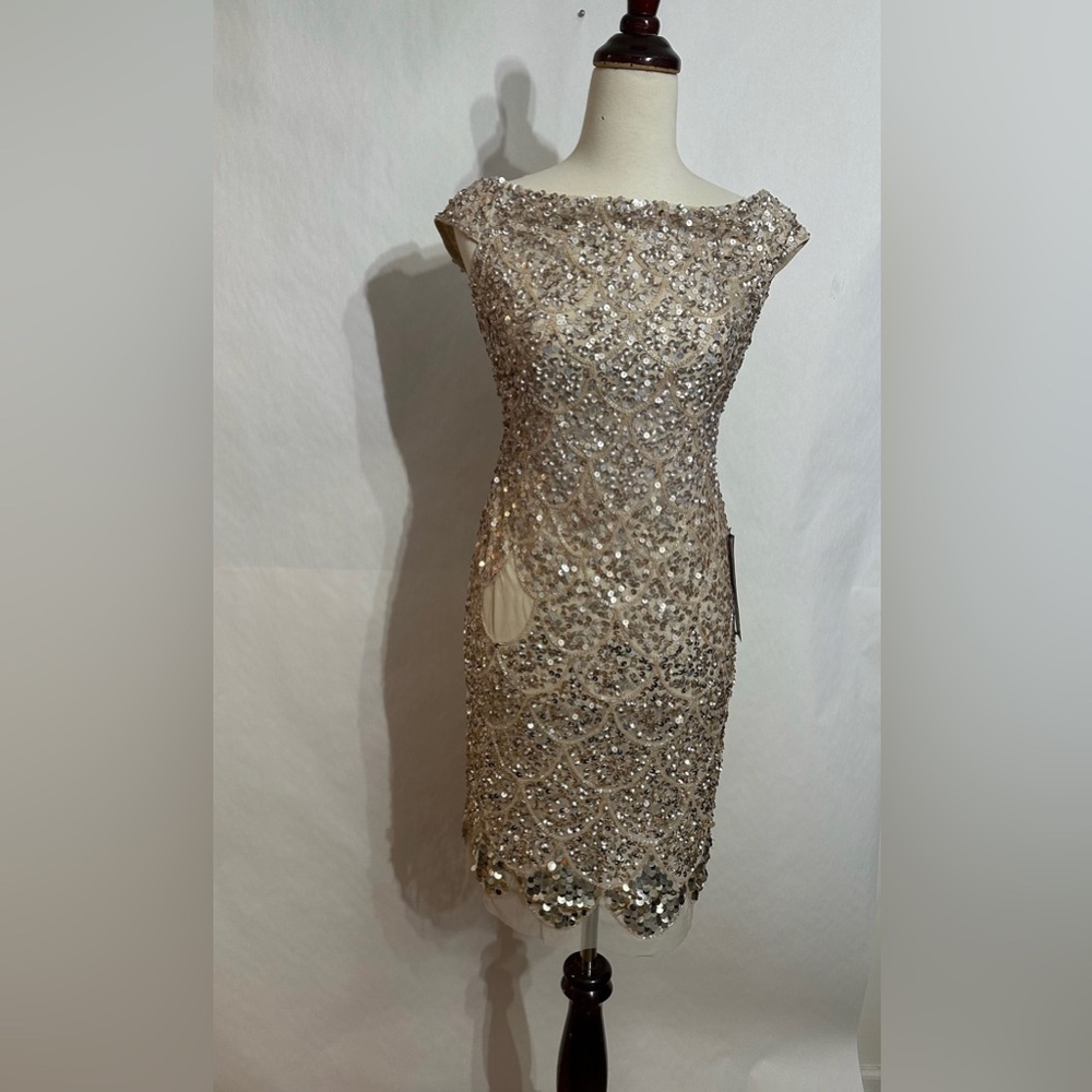 NEW Adrianna Papell Gold Sequin Cocktail Dress Art Deco Beaded Midi Size 0 - Picture 3 of 9